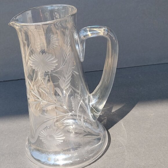 Vintage Clear Etched Glass Pitcher With Floral Design & Handle 9" - Picture 2 of 16